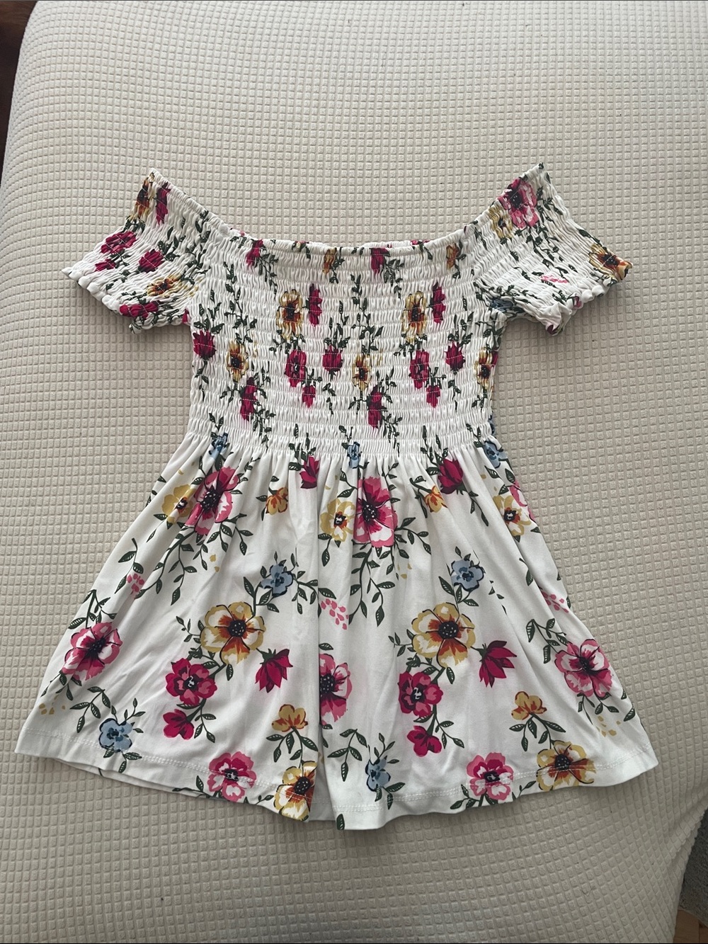Bobbie Brooks White Off-Shoulder Floral Smocked Top with Pink & Yellow Flowers